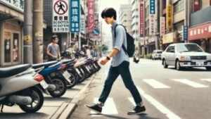 バイクに十分注意して歩く